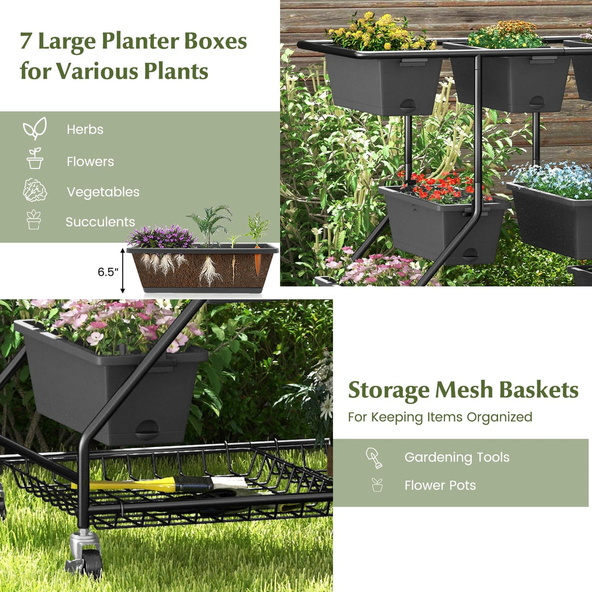 Lucktree Rolling Raised Garden Bed w/ 7 Planter Boxes, Storage Baskets, Drainage Holes