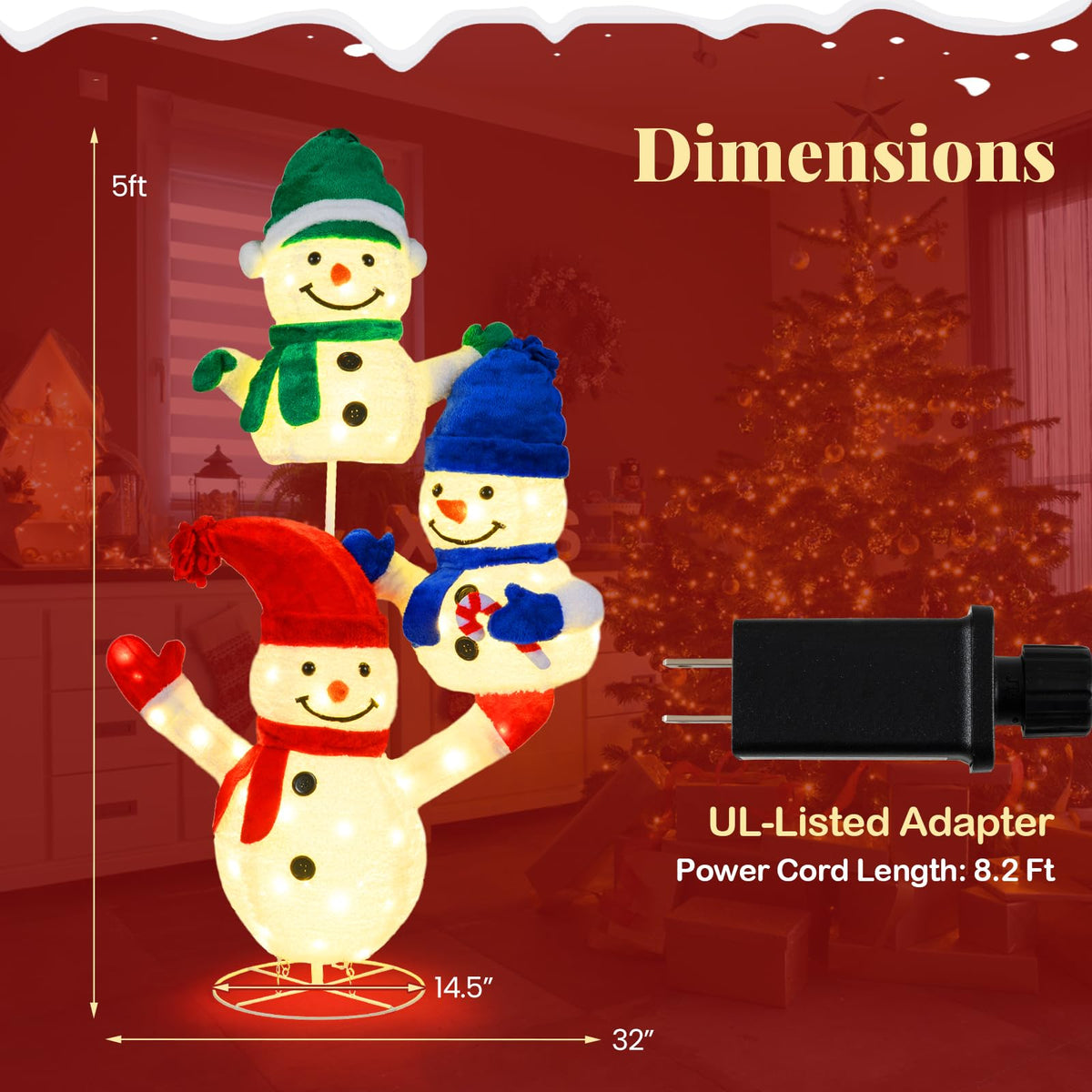 Lucktree 5 FT Christmas Lighted 3 Stacked Snowman Decoration