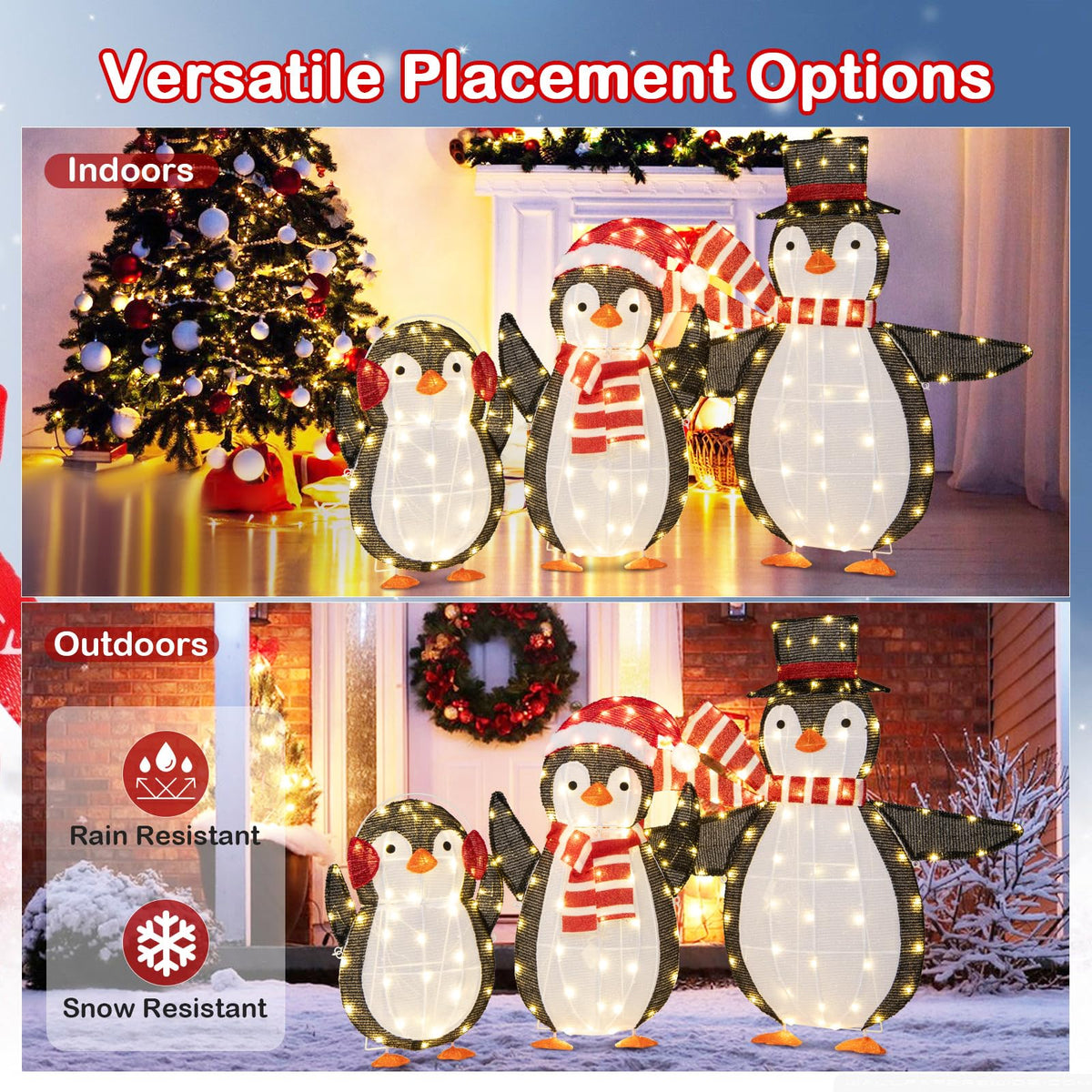 Lucktree Set of 3 Lighted Christmas Penguins with LED Lights Outdoor Glowing Holiday Display