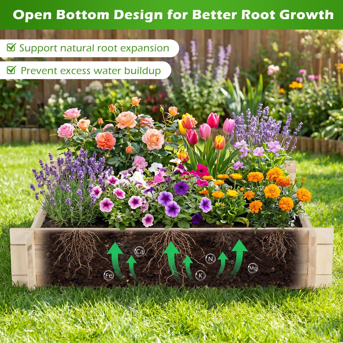 Lucktree 40" x 40" Square Fir Wood Planter Box with Open-Ended Base for Vegetables Flowers Herbs