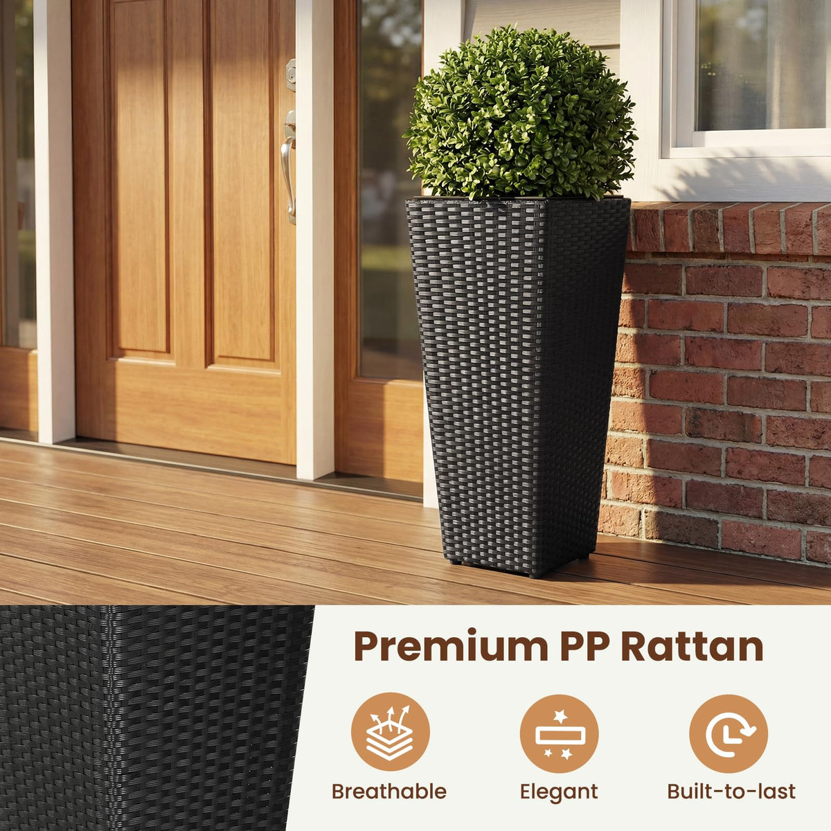 Lucktree Set of 2 Rattan Tall Plant Pots with Detachable Plastic Liners
