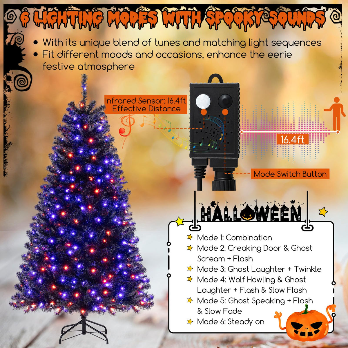 Lucktree 6/7/8 FT Pre-Lit Black Halloween Tree, Artificial Hinged Christmas Tree with 280/380/500 Orange & Purple LED Lights