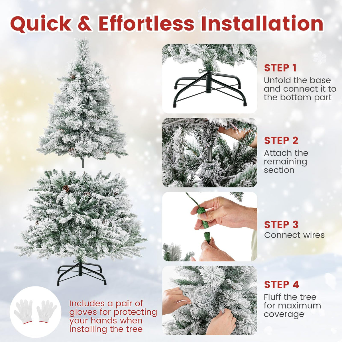 Lucktree Pre-Lit Snow Flocked Christmas Tree, Artificial Hinged Xmas Tree with 160 Multi-Color LED Lights