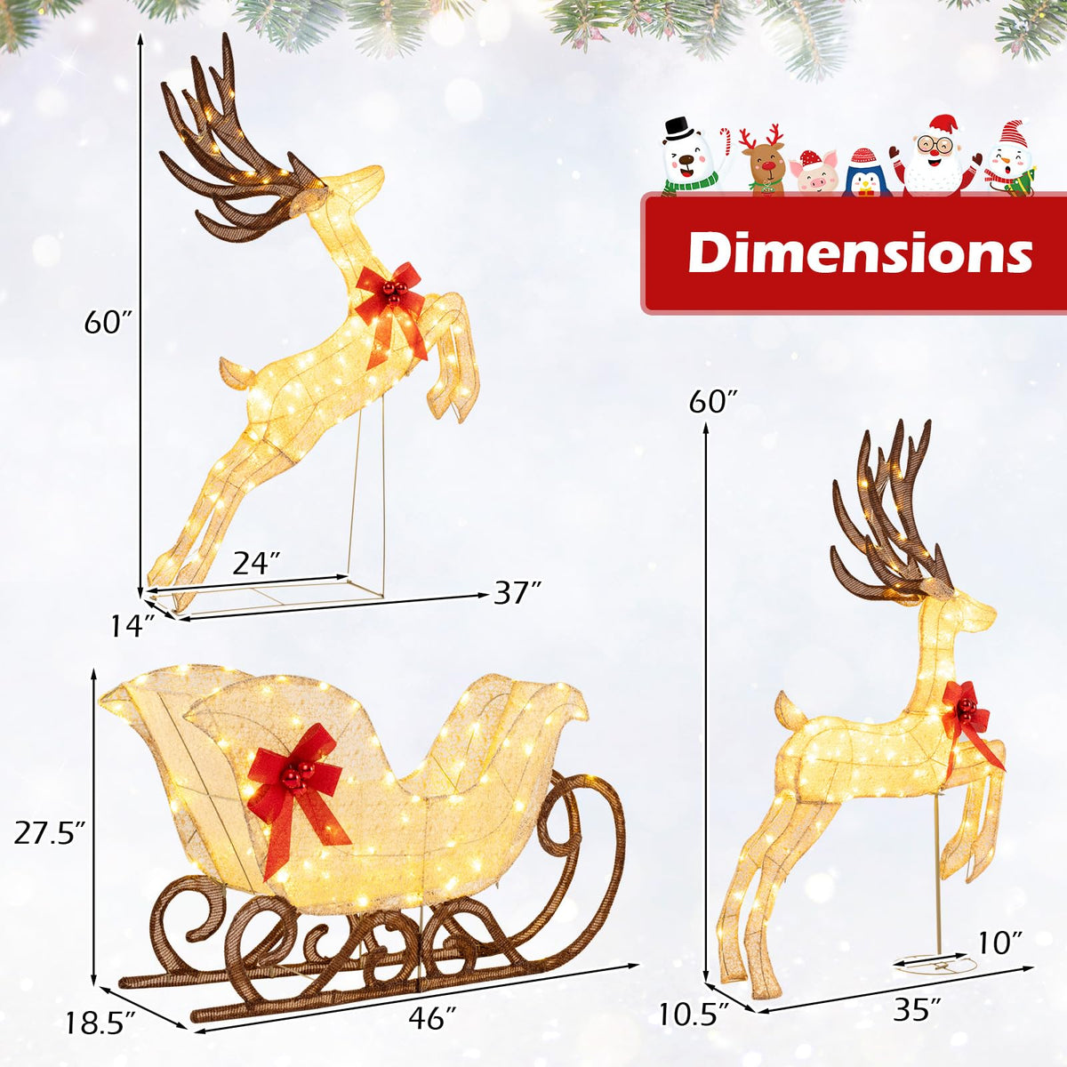 Lucktree 3-Piece Christmas Lighted Reindeer & Sleigh Set