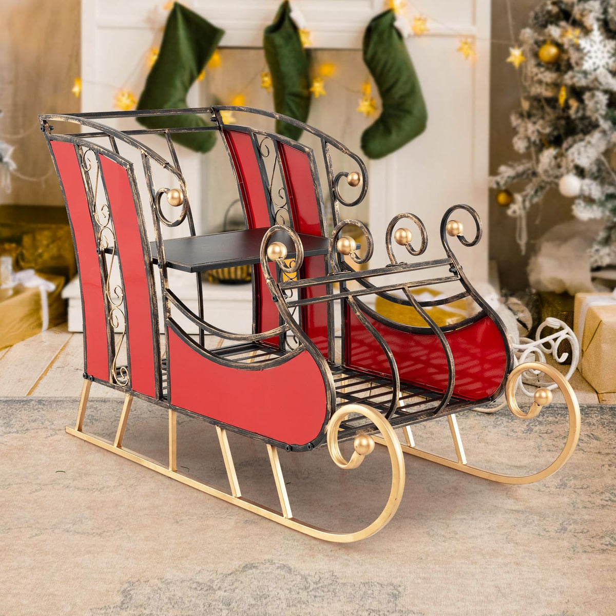 Lucktree Metal Christmas Santa Sleigh Basket, Xmas Festival Holiday Decorative Santa’s Sleigh with 2-Tier Storage Shelf