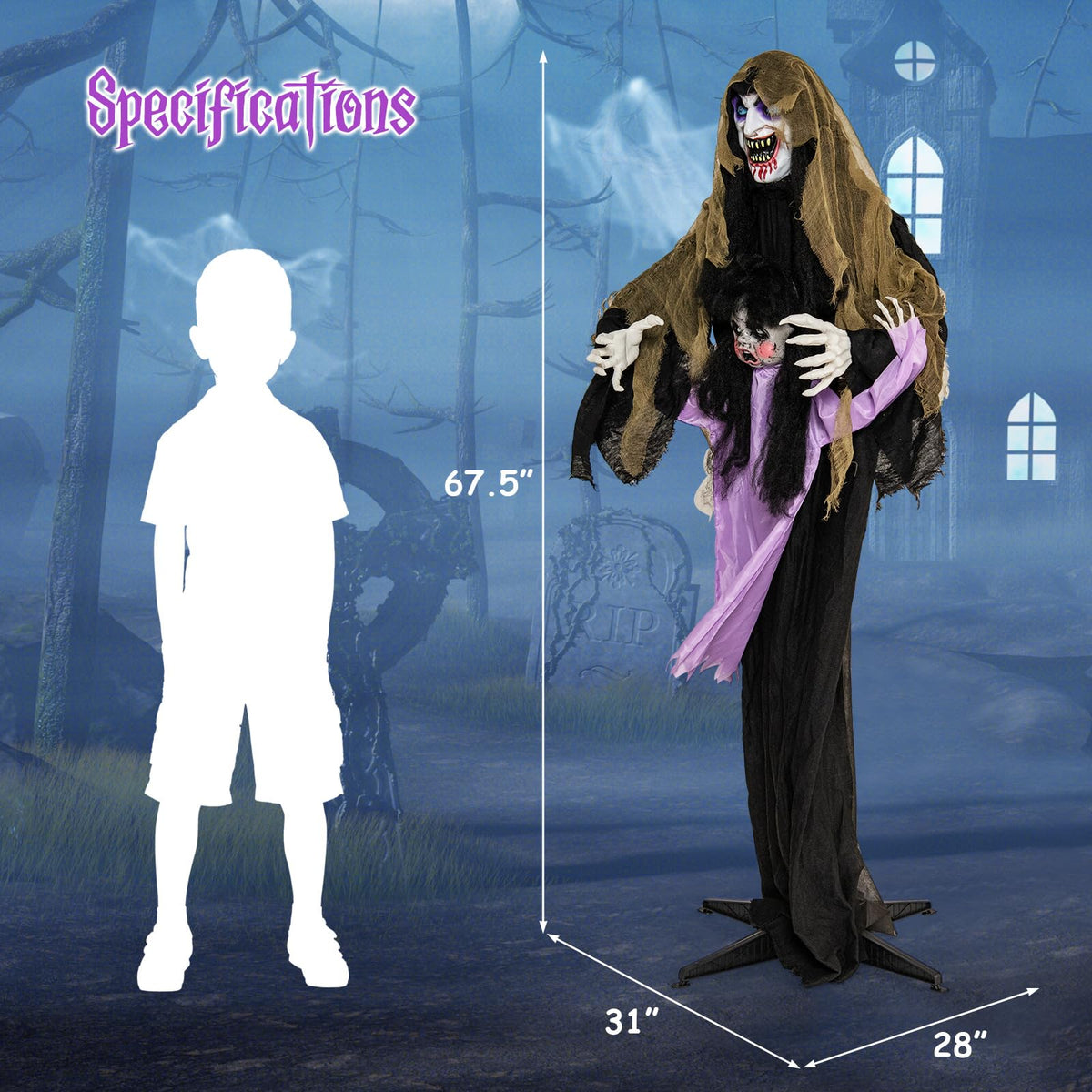 Lucktree 5.6 FT Halloween Animated Vampire with Creepy Doll, LED Eyes, Vocally Triggered Sound & Motion Effects