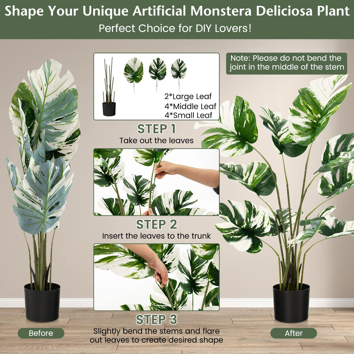 Lucktree 4ft Artificial Monstera Deliciosa Plant, 2 Pack Tall Fake Tropical Palm Tree in Pot with 10 Decorative Split Leaves