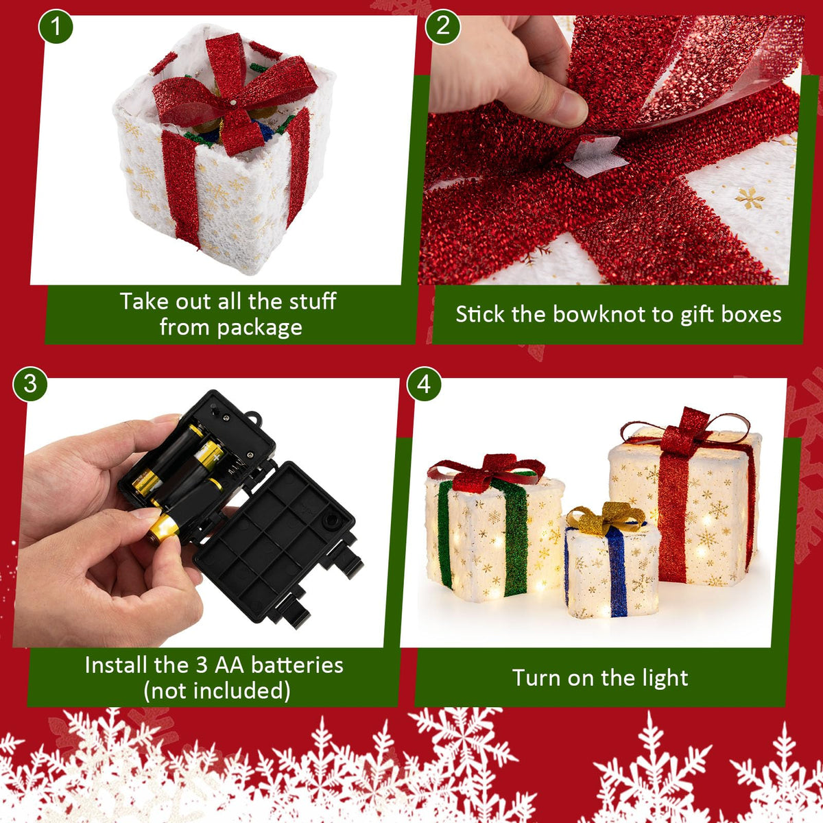 Lucktree Set of 3 Christmas Lighted Gift Boxes, Pre-lit Christmas Decoration with 48 Bright Warm Lights