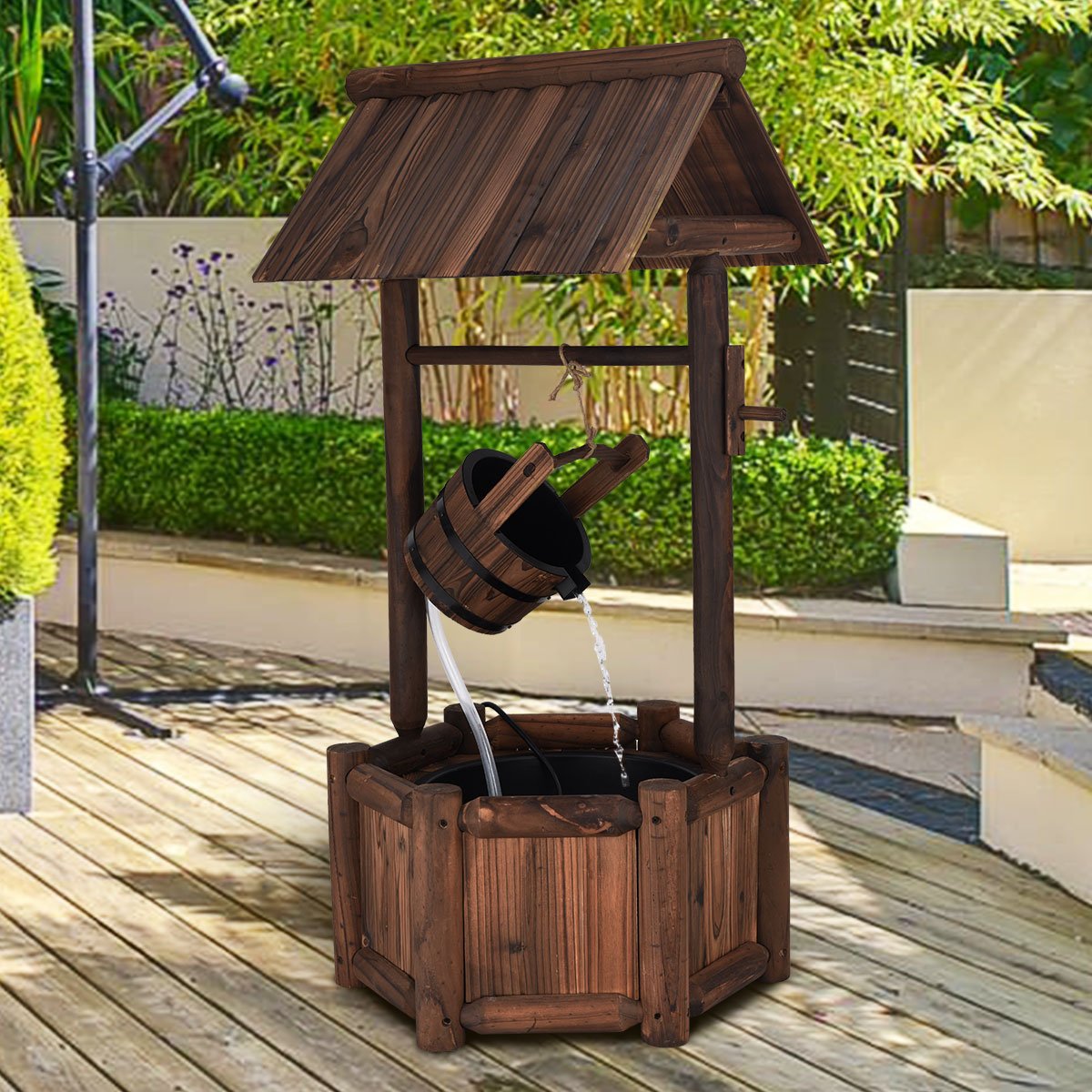 Lucktree Wishing Well Water Fountain Rustic Wooden Outdoor Garden Decorative Fountain Backyard w/ Electric Pump