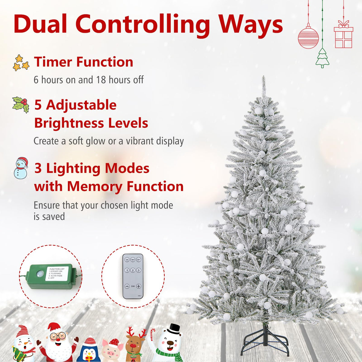 Lucktree Pre-Lit Snow Flocked Christmas Tree with Warm White LED Lights & Globe Lights