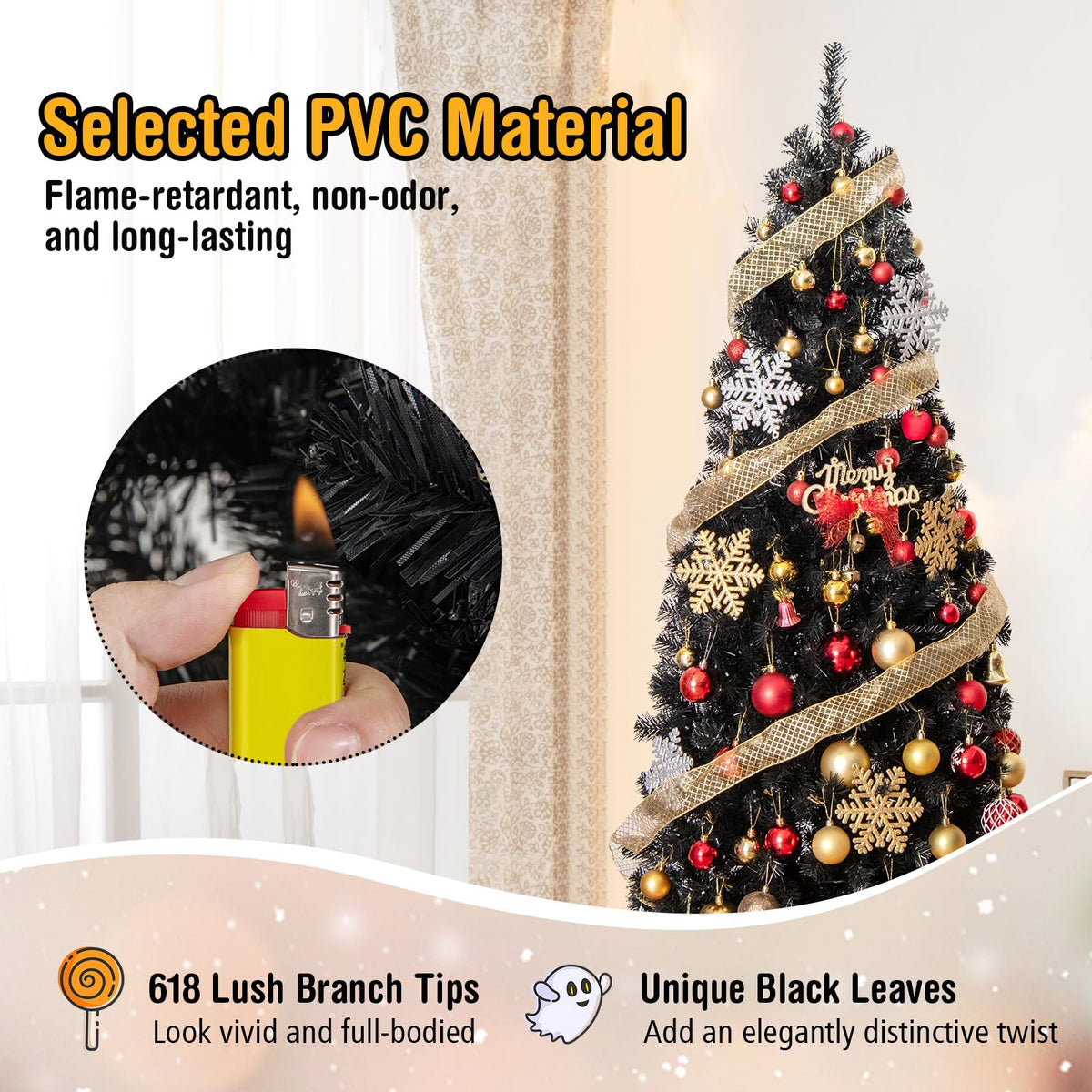 Lucktree Black Pencil Christmas Tree, Pre-lit Artificial Halloween Tree