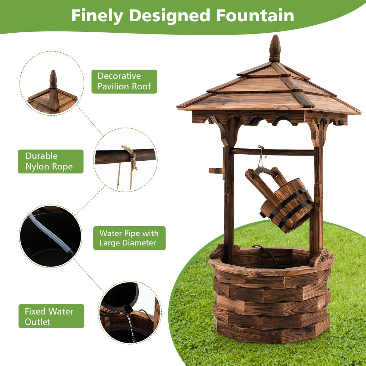 Lucktree Rustic Wishing Well Fountain, Outdoor Wooden Water Fountain with Electric Pump