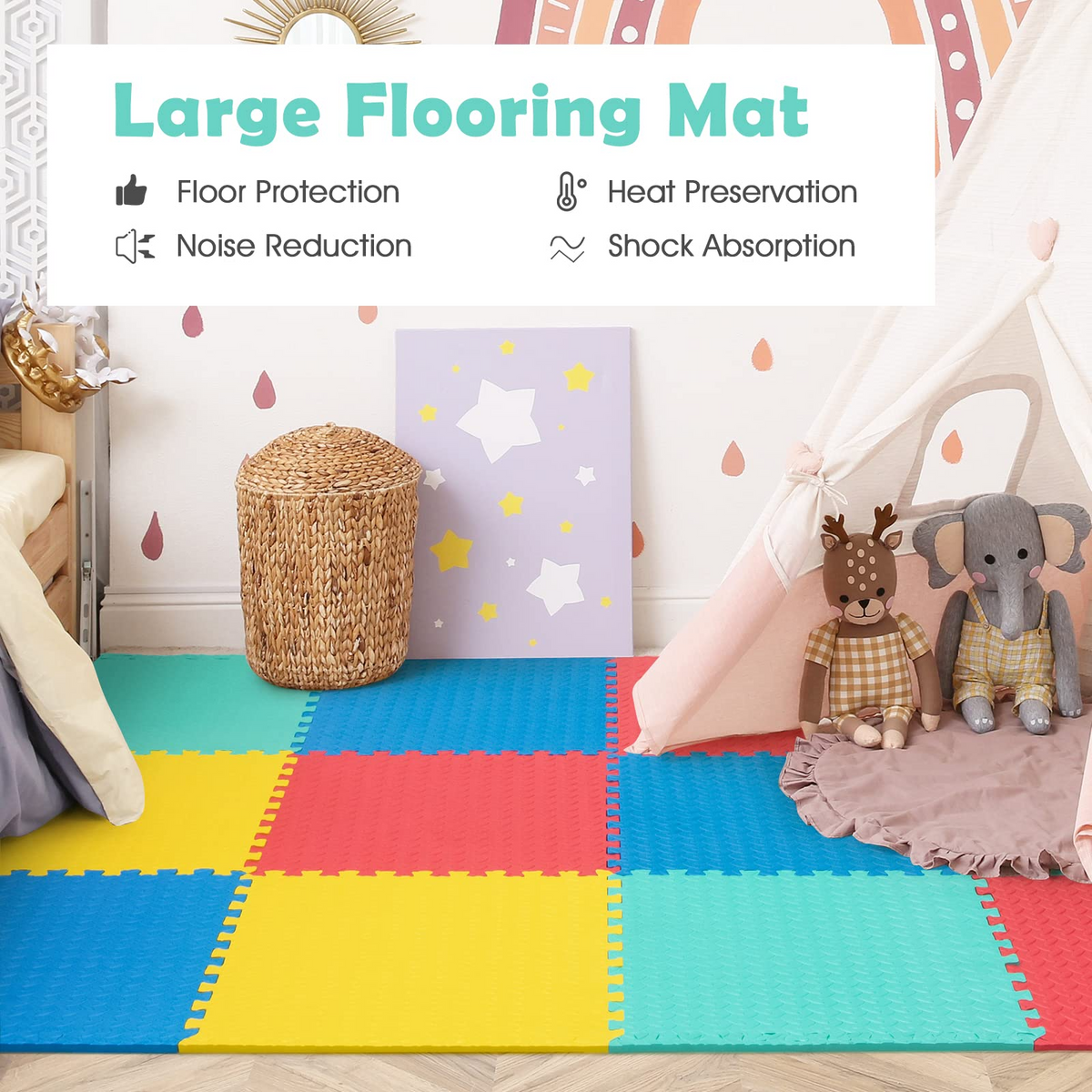 Lucktree 12 Tiles Exercise Flooring Mats with Border, Non-Slip EVA Foam Protective Mats