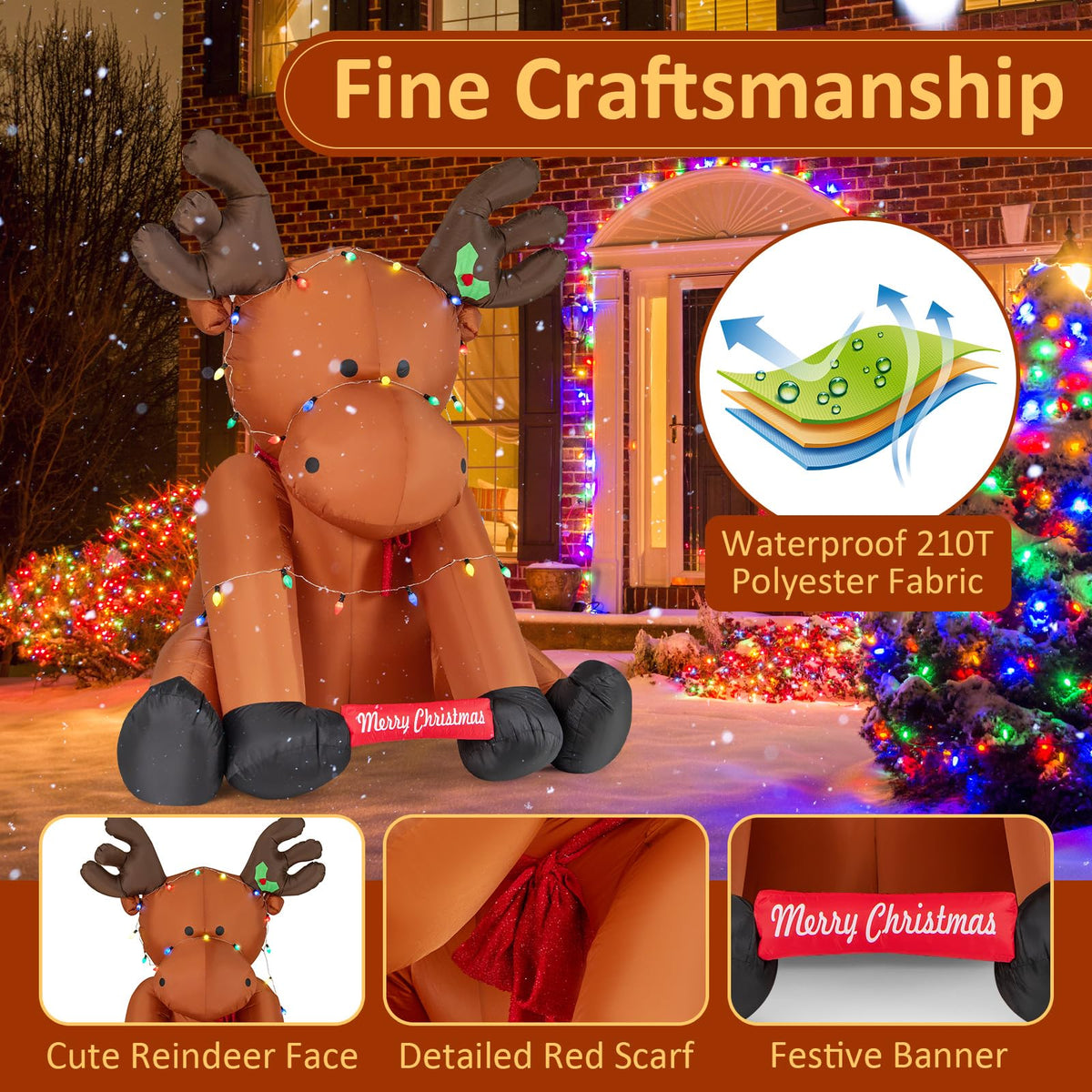 Lucktree 8.5 FT Tall Multi-Color Lighted Xmas Inflatable Reindeer Sitting on The Ground