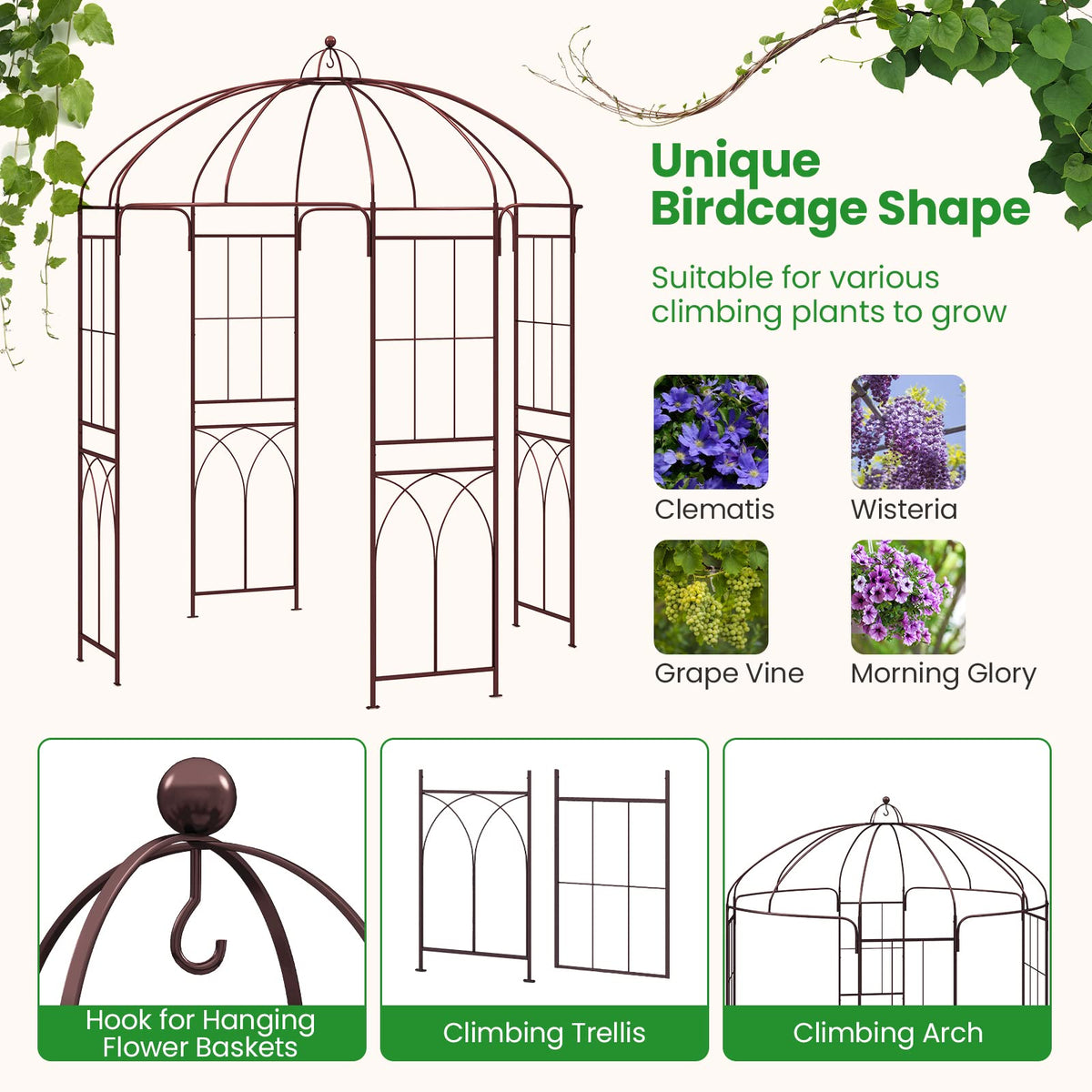 Lucktree Birdcage Shape Garden Arbor, 8.4ft High x 7ft Wide