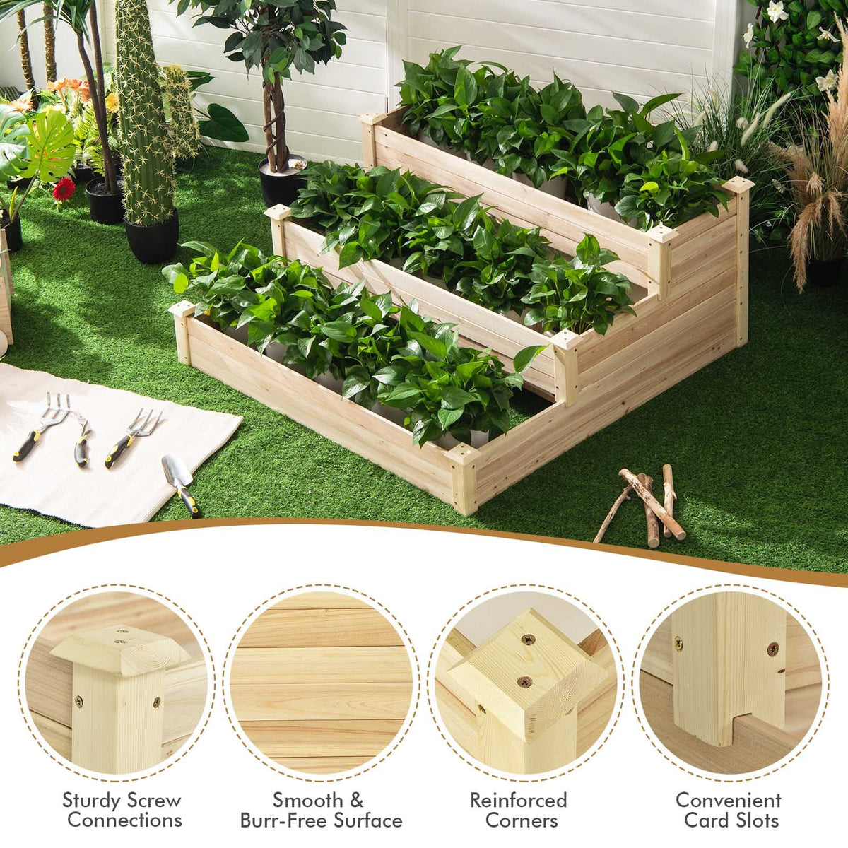 Lucktree 3 Tier Raised Garden Bed, Wood Planter Box 48 x 48 x 22 Inch Vegetable Flower Herb Fruit Growing Bed Kit