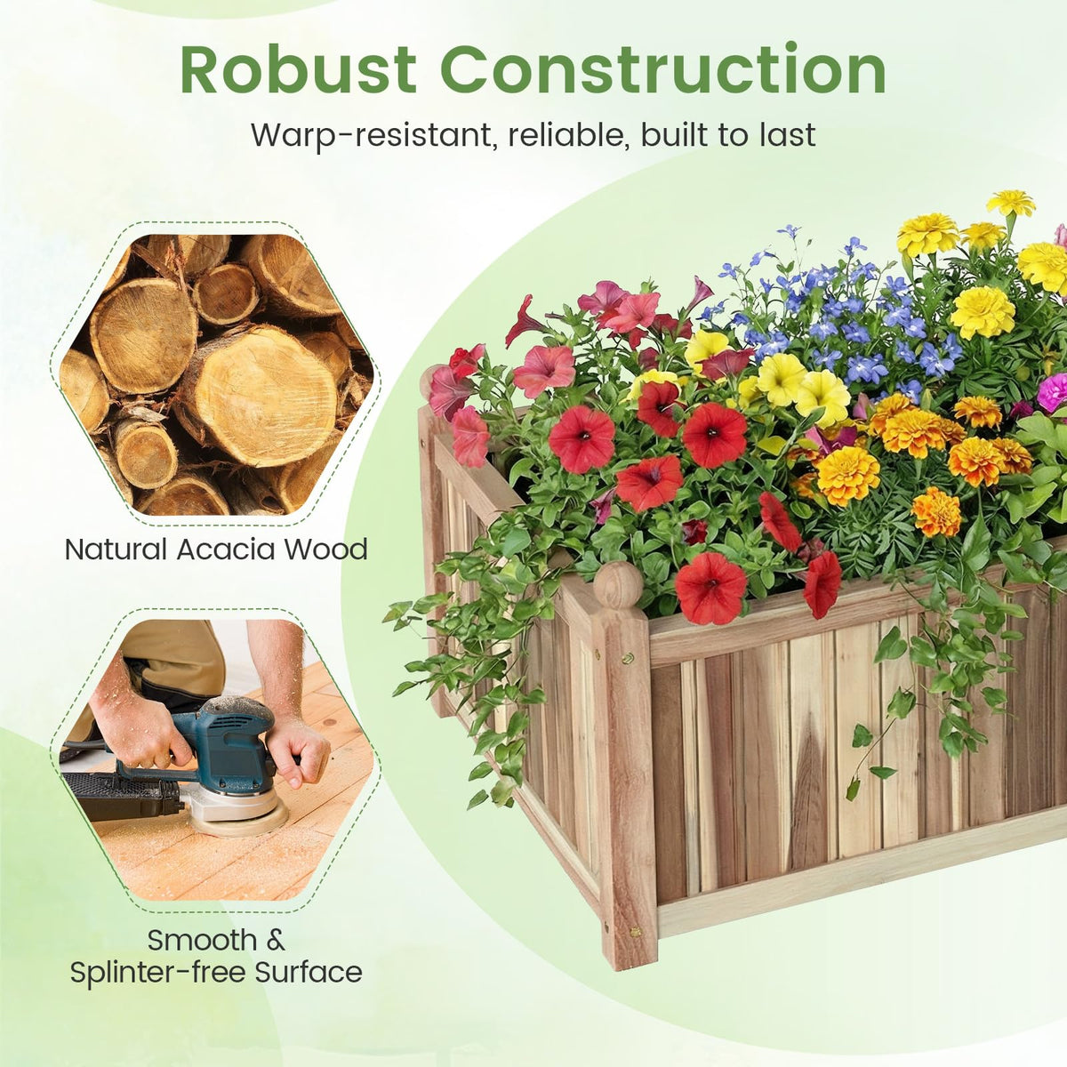 Lucktree Wooden Raised Garden Bed Natural Acacia Wood Rectangular Planter Box with Liner