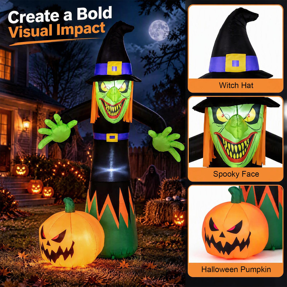 Lucktree 8 FT Halloween Inflatable Witch & Pumpkin with Built-in LED Lights