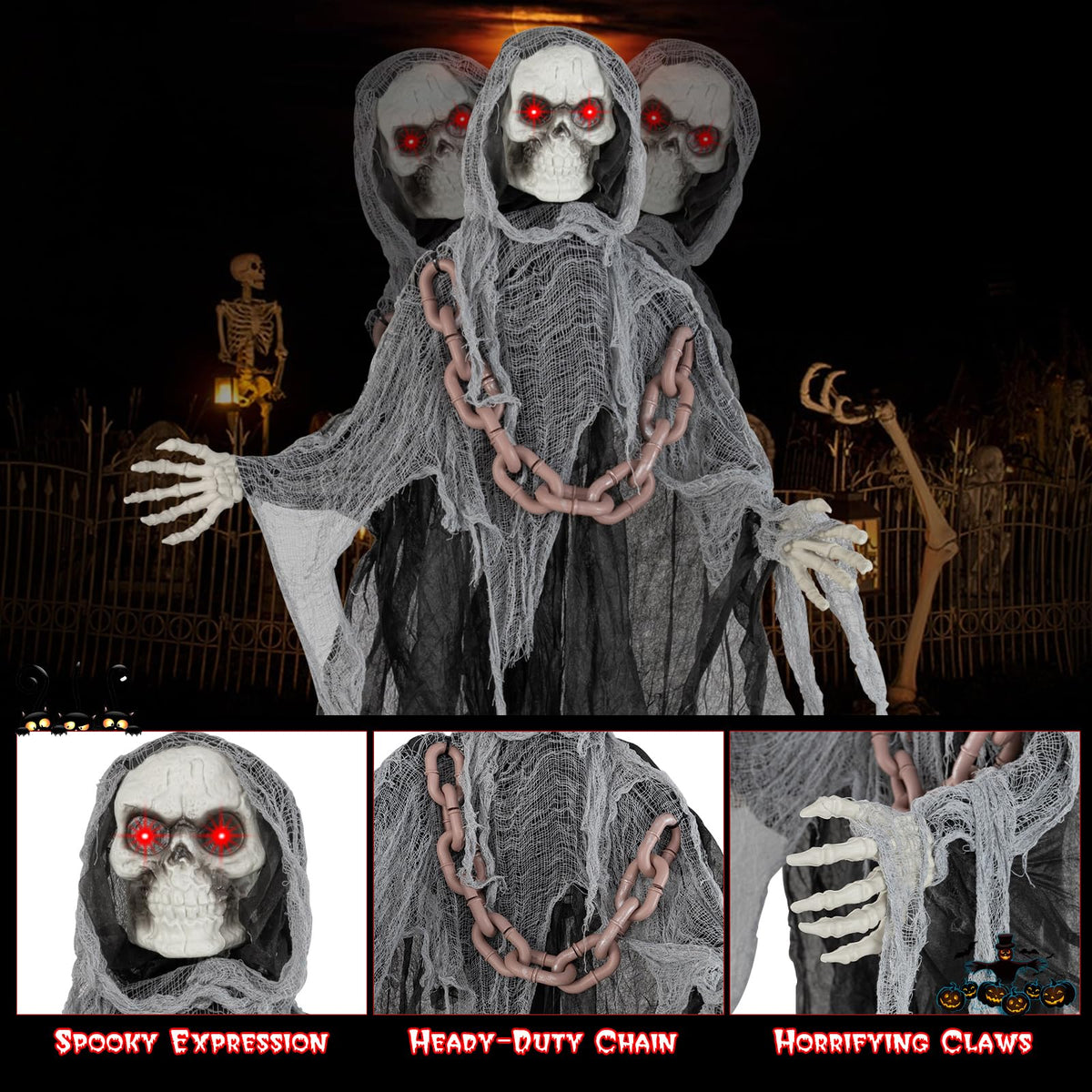Lucktree 6.4 FT Halloween Animatronic Standing Grim Reaper, Halloween Decoration with Chain