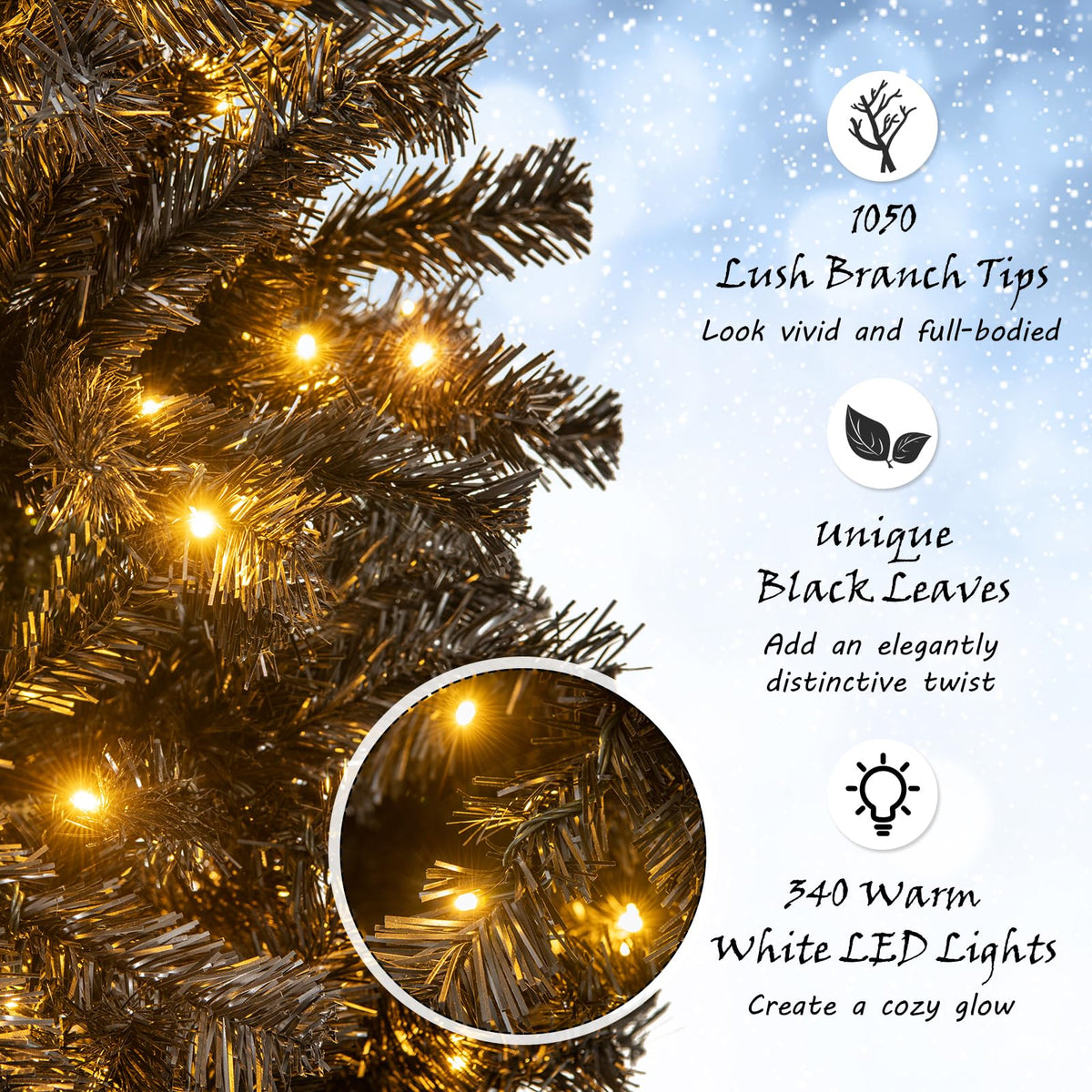 Lucktree 7 FT Artificial Halloween Tree, Pre-Lit Black Christmas Tree with Bendable Top Section