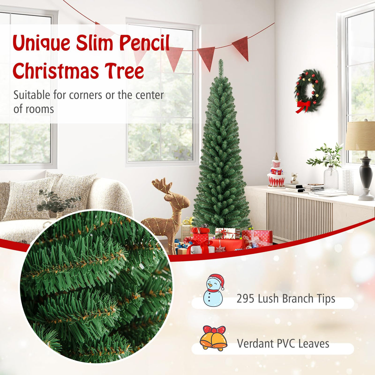 Lucktree 5ft / 6ft / 7ft / 8ft Artificial Skinny Xmas Tree with Quick Shape Technology