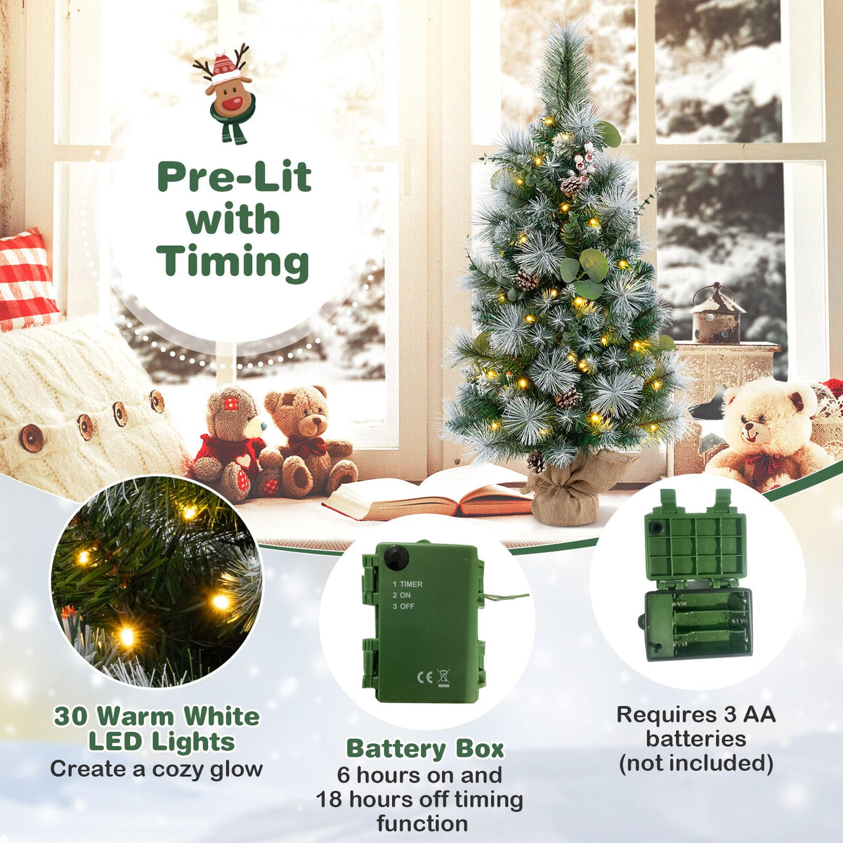 Lucktree 3ft Pre-Lit Mini Tabletop Christmas Tree with 30 Warm White LED Lights, Timer, 98 Flocked PVC & Pine Needles