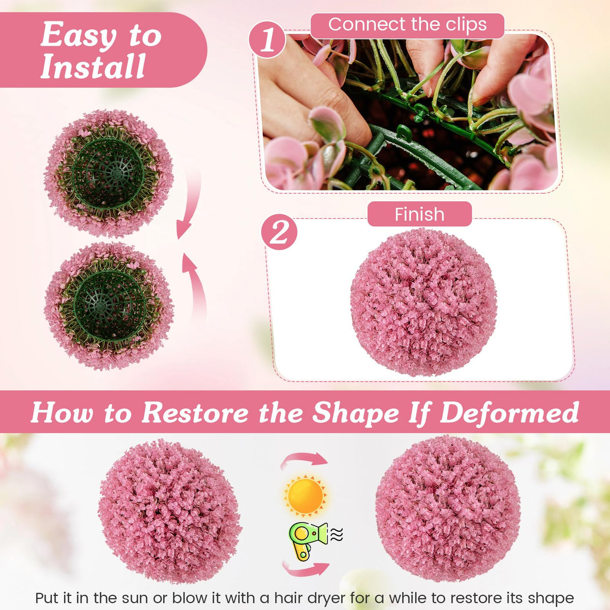 Lucktree 17.5 Inch Topiary Balls Artificial Outdoor Set of 2, Faux Pink Eucalyptus Decorative Balls