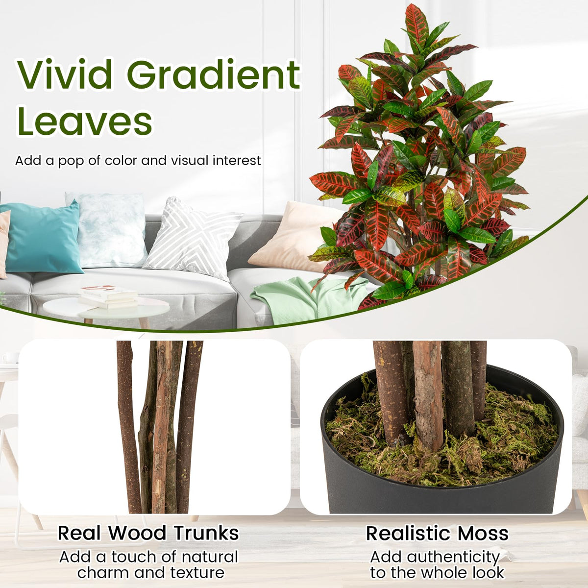 Lucktree 5 FT Tall Artificial Croton Palm Tree in Pot with Gradient Leaves