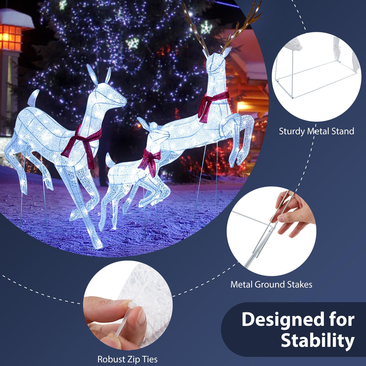 Lucktree 3-Piece Large Lighted Christmas Reindeer Family, Light up Xmas Decorations w/255 LED Lights & Scarves