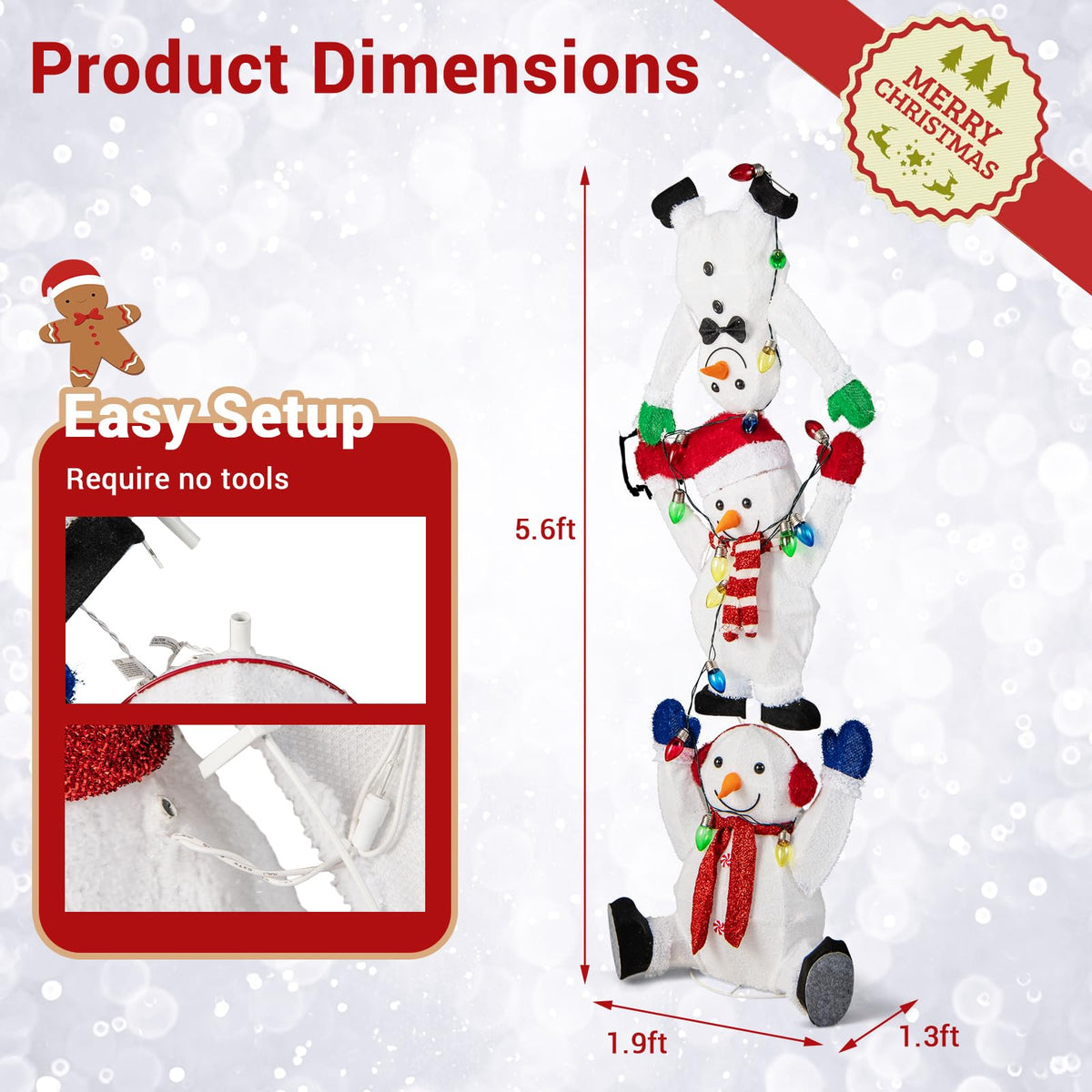 Lucktree 5.6 FT Lighted Christmas Stacked Snowmen Decoration
