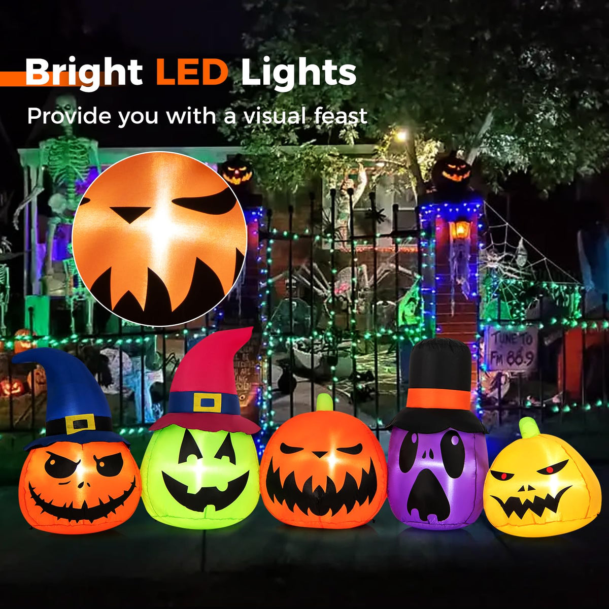 Lucktree 9 FT Inflatable Halloween Pumpkin Patch Family, Blow up Yard Decoration with Built-in LED Lights and Witch Hats