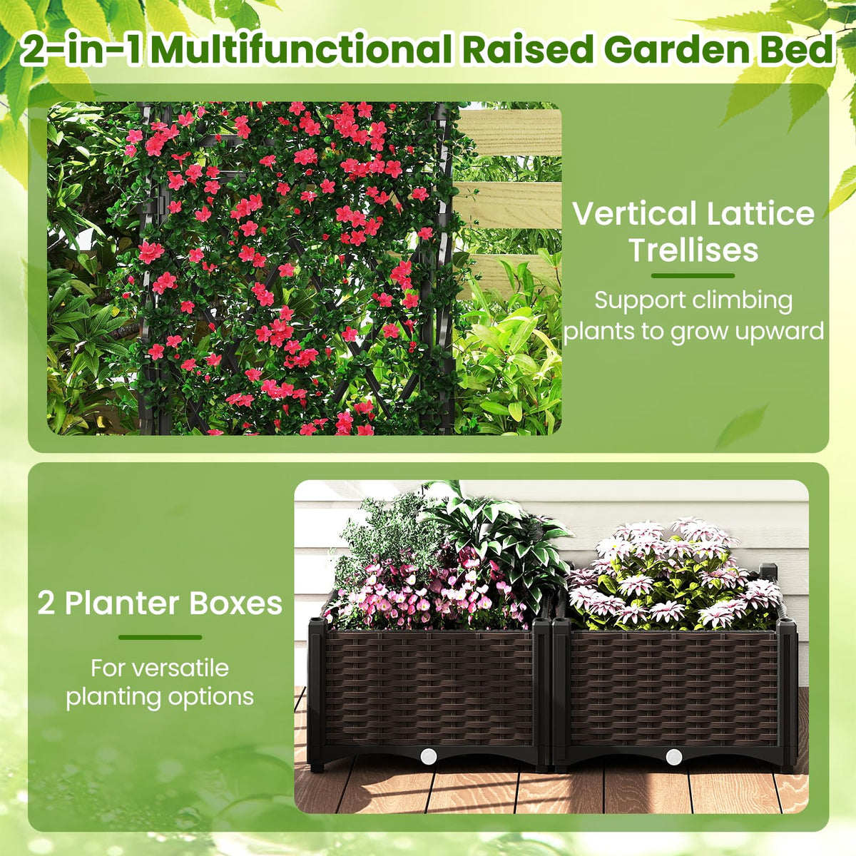 Lucktree Raised Garden Bed with Lattice Trellis Self-Watering Planter Box（32"LX16"WX50"H）