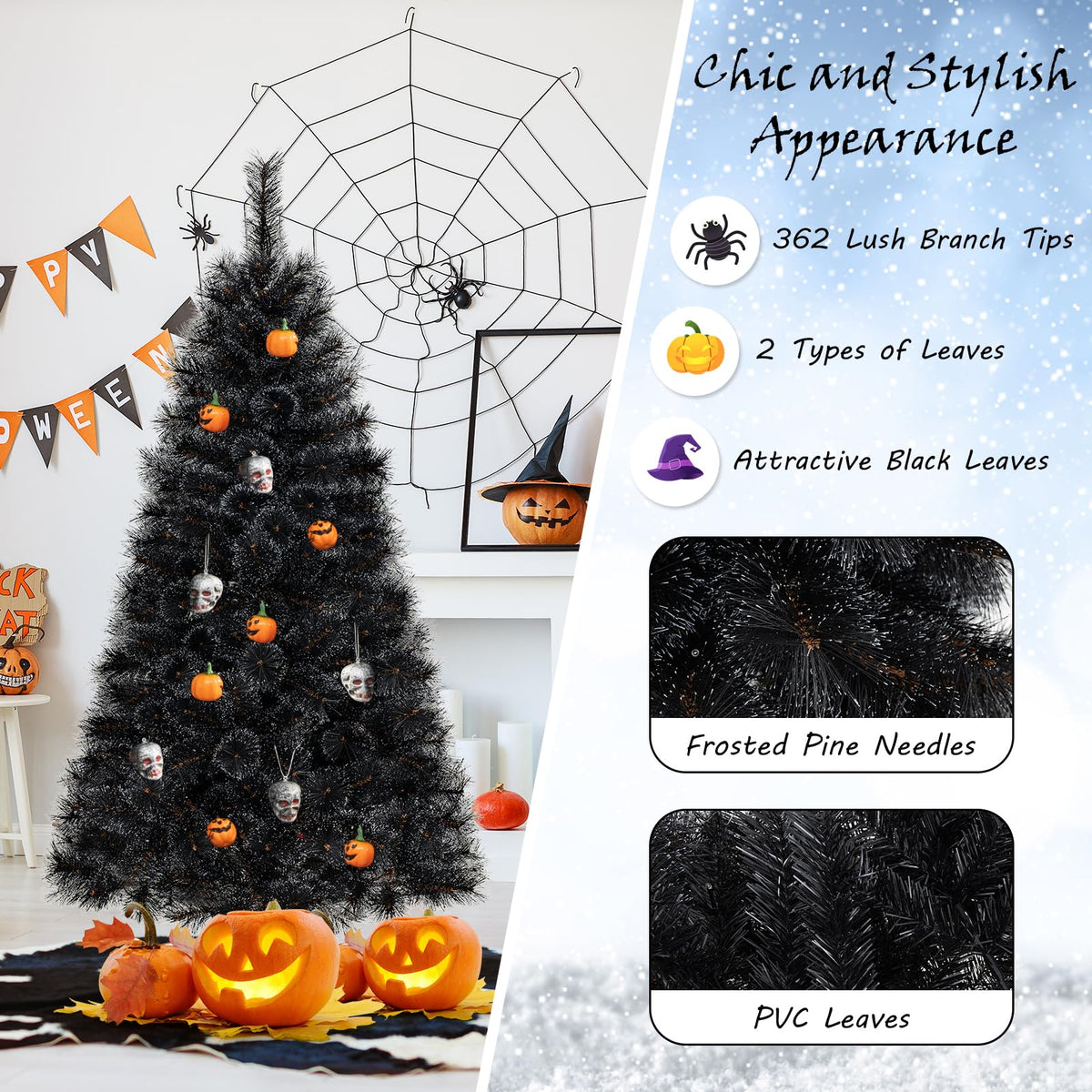 Lucktree 6/7/8 ft Pre-Lit Black Halloween Christmas Tree, Artificial Hinged Xmas Full Tree with 362/572/860 Pine Needles & PVC Branch Tips