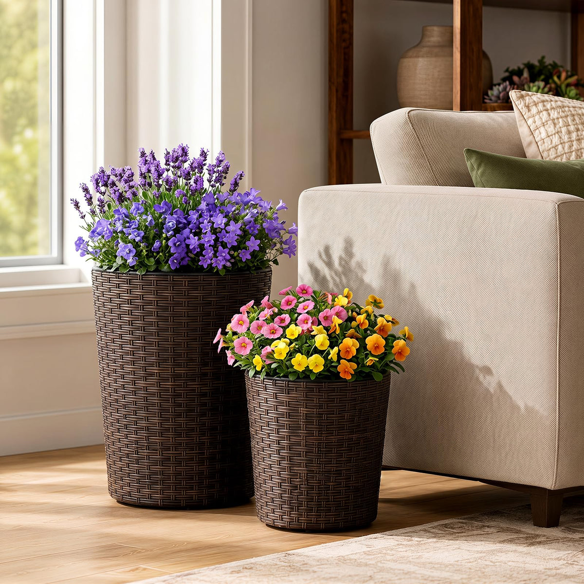 Lucktree Set of 3 Plastic Planters | 14 & 11 & 9 Inch Taper Rattan Planters with Drainage Holes and Saucers