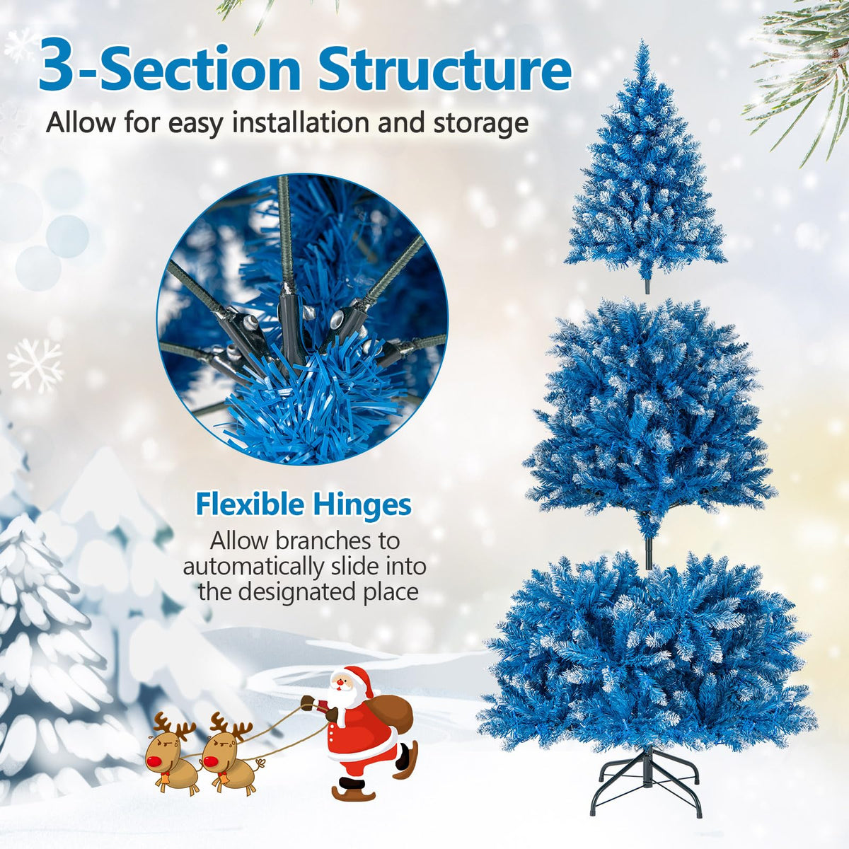 Lucktree Blue Hinged Xmas Tree with Frosted PVC Branch Tips & Warm White LED Lights