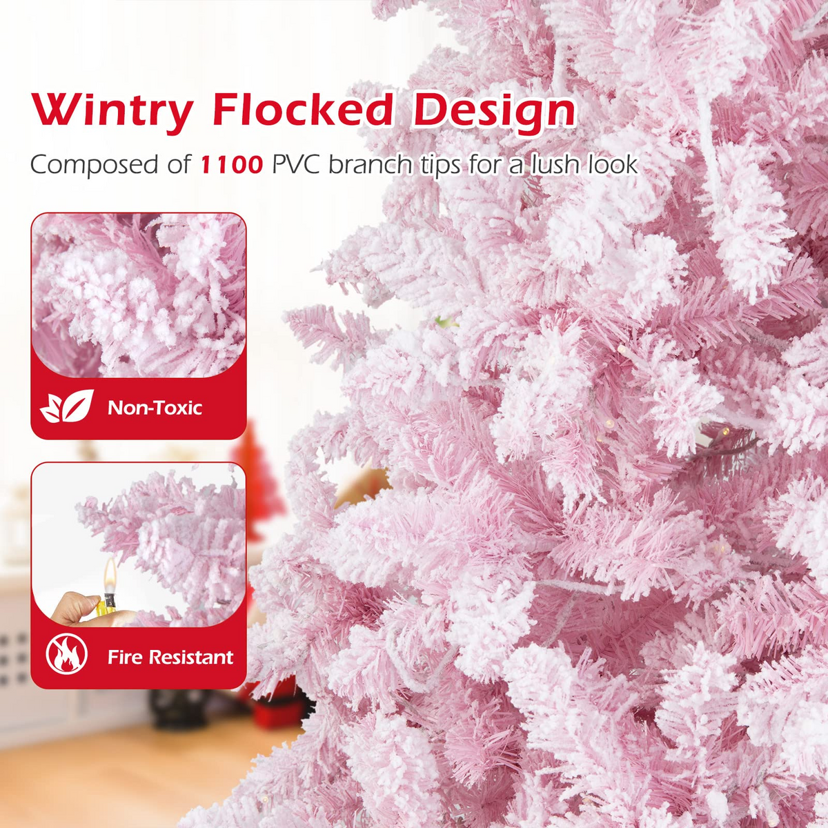 Lucktree 7.5ft Pink Pre-Lit Christmas Tree, Hinged Artificial Snow Flocked Xmas Tree with 1100 PVC Branch Tips, 450 LED Lights - LucktreeUS