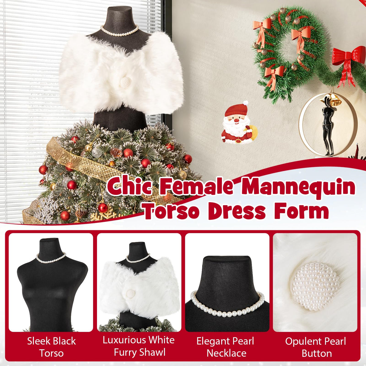 Lucktree 5ft Pre-Lit Dress Form Christmas Tree with Female Mannequin Torso Shawl Necklace