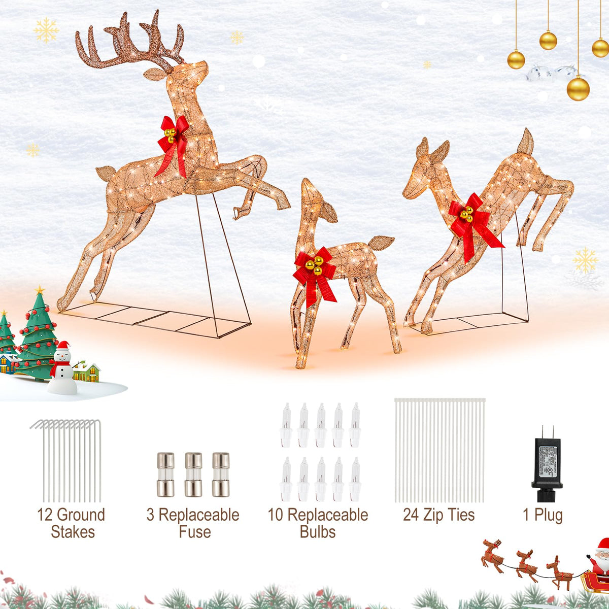 Lucktree 3 Pieces Light up Christmas Reindeers Pre-lit Glittering Reindeer Family Set