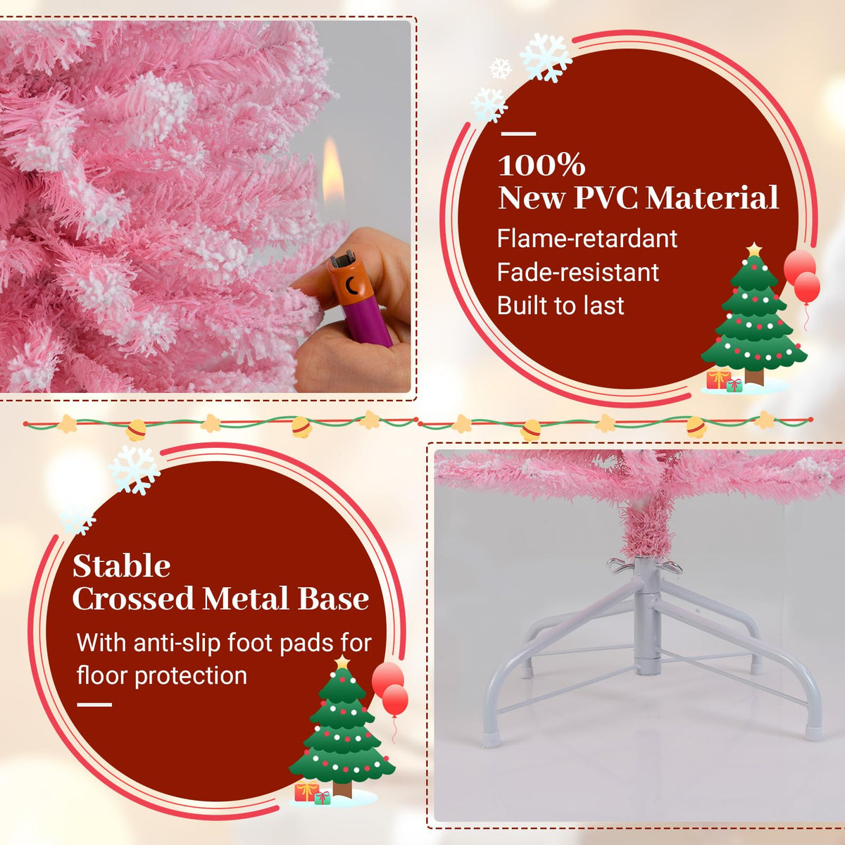 Lucktree 5ft / 6ft Pink Slim Pencil Christmas Tree | Snow Flocked Skinny Xmas Full Tree