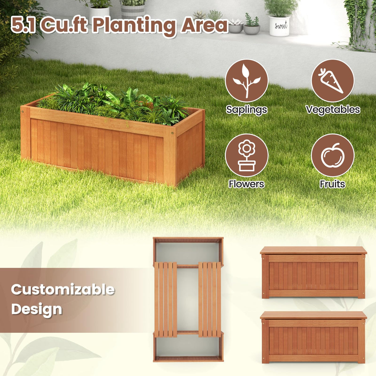 Lucktree 2-in-1 Outdoor Bench, Wood Raised Garden Bed with Open Base, Teak Oil Finish