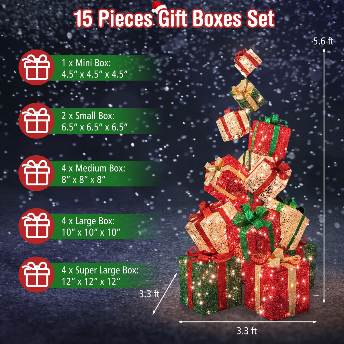 Lucktree 15 Pieces Stackable Pre-lit Lighted Boxes Tower w/ 450 Warm White Lights