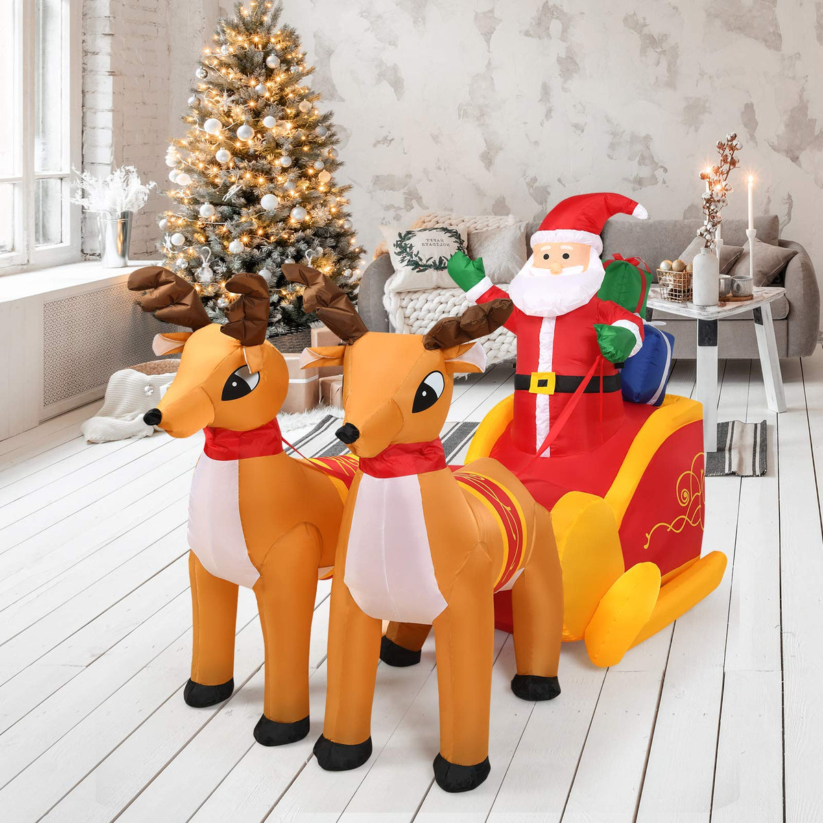 Lucktree 7.5 FT Christmas Inflatable Lighted Santa Claus on Sleigh with Reindeers & Gift Boxes