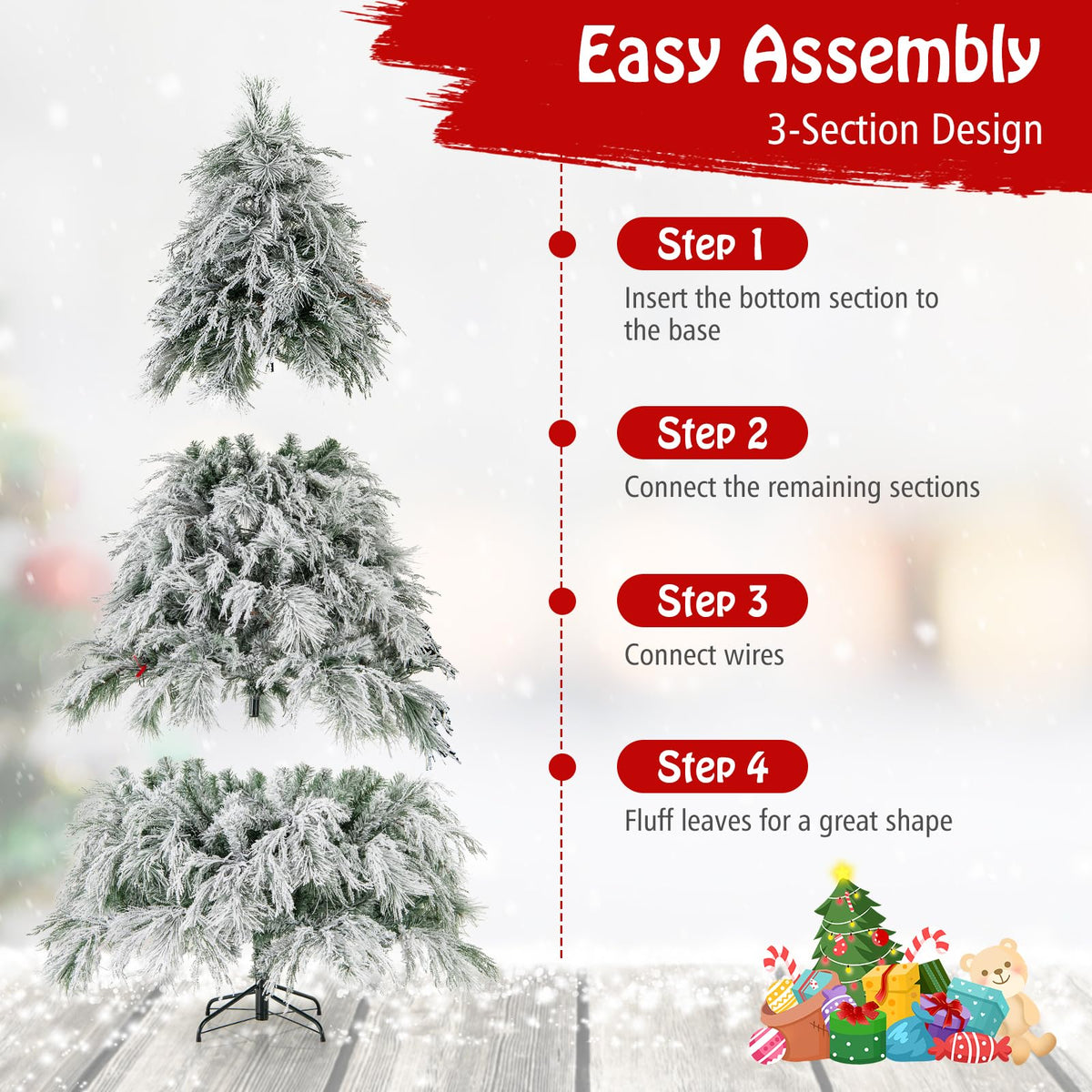 Lucktree 7ft Pre-Lit Snow Flocked Christmas Tree, Artificial Hinged Full Xmas Tree with 743 PVC & Pine Needles