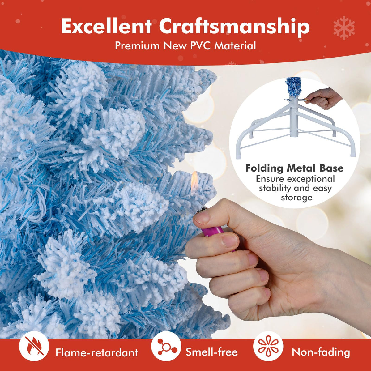 Lucktree 6FT / 7FT Blue Gradient Snow Flocked Christmas Tree with Warm White LED Lights