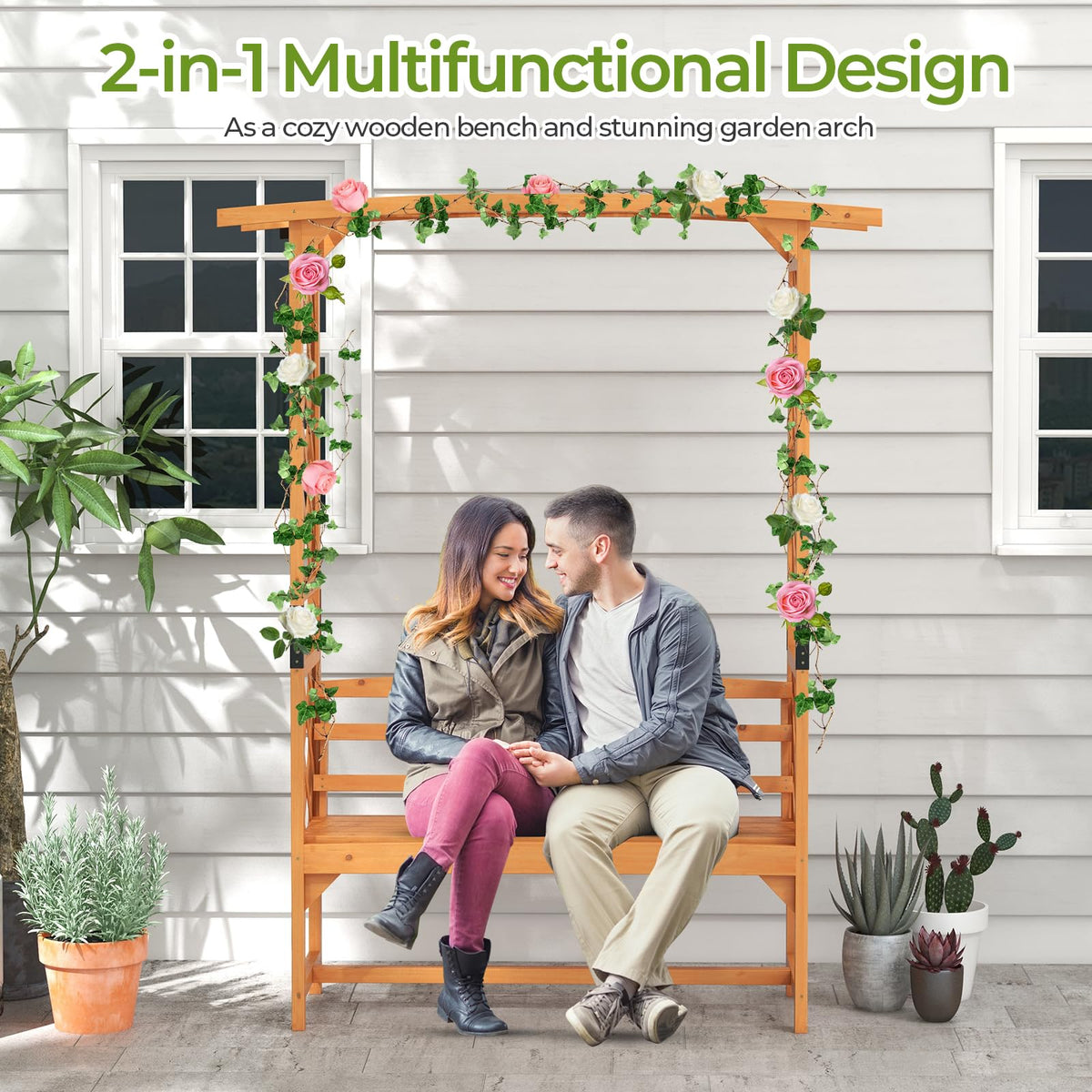 Lucktree Garden Arch Trellis with Bench - 63''W x 79''H Wooden Arbor with 2-Person Outdoor Bench