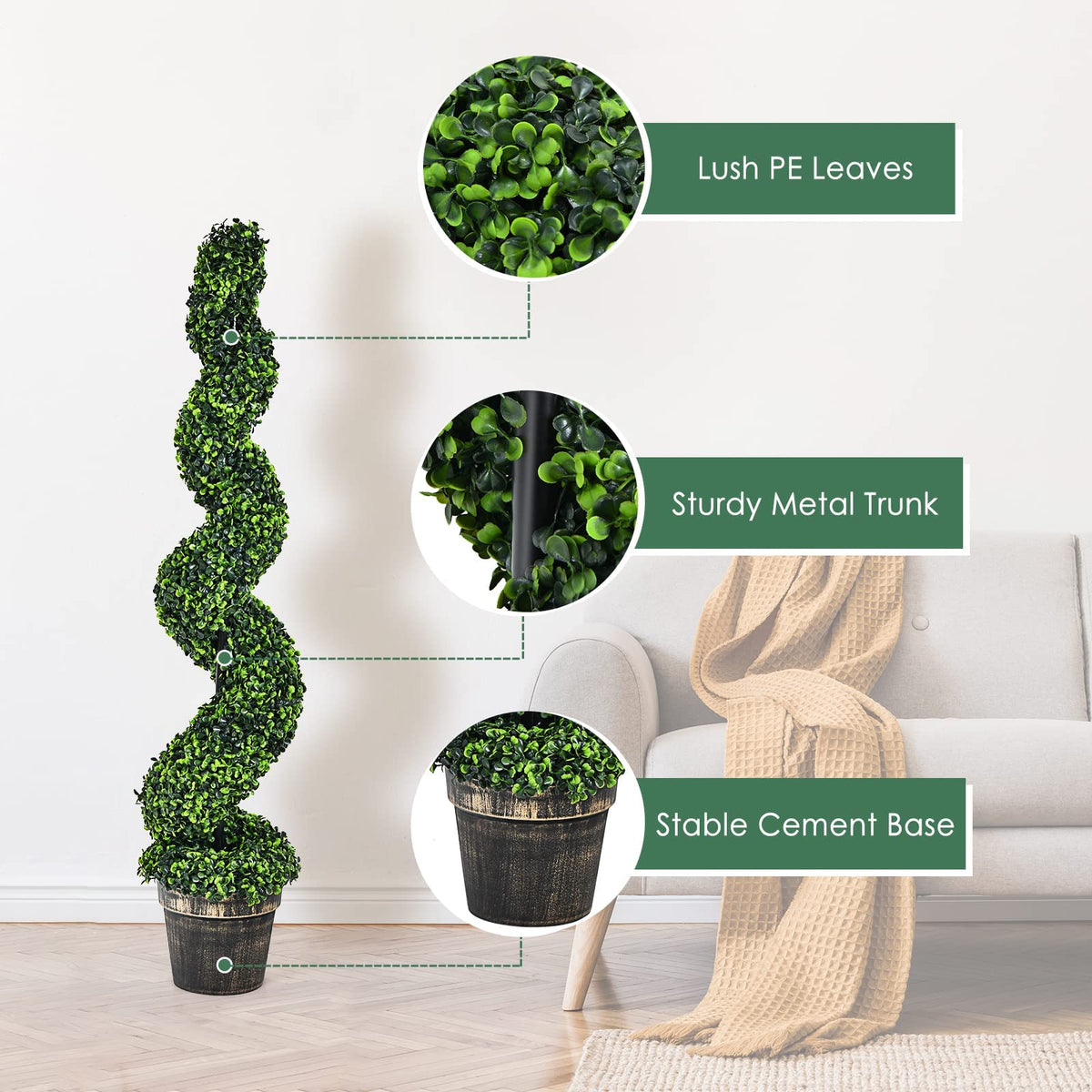 4FT Artificial Spiral Boxwood Topiary Tree Set of 2, Faux Decorative Plants in Cement-Filled Plastic Pot - LucktreeUS