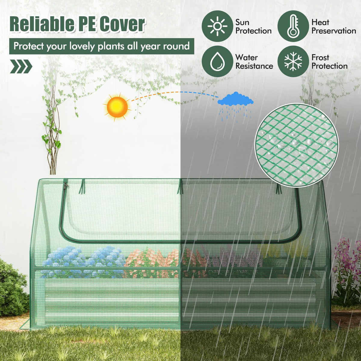 Lucktree Galvanized Steel Raised Garden Bed with Mini Greenhouse, Outdoor Metal Planter Box Kit with Large Roll-up Cover