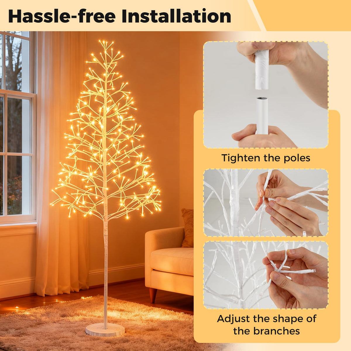 Lucktree LED Birch Tree, 5/6/7 FT Pre-lit Twig Tree with Warm White Light LED Lights, Weighted Base