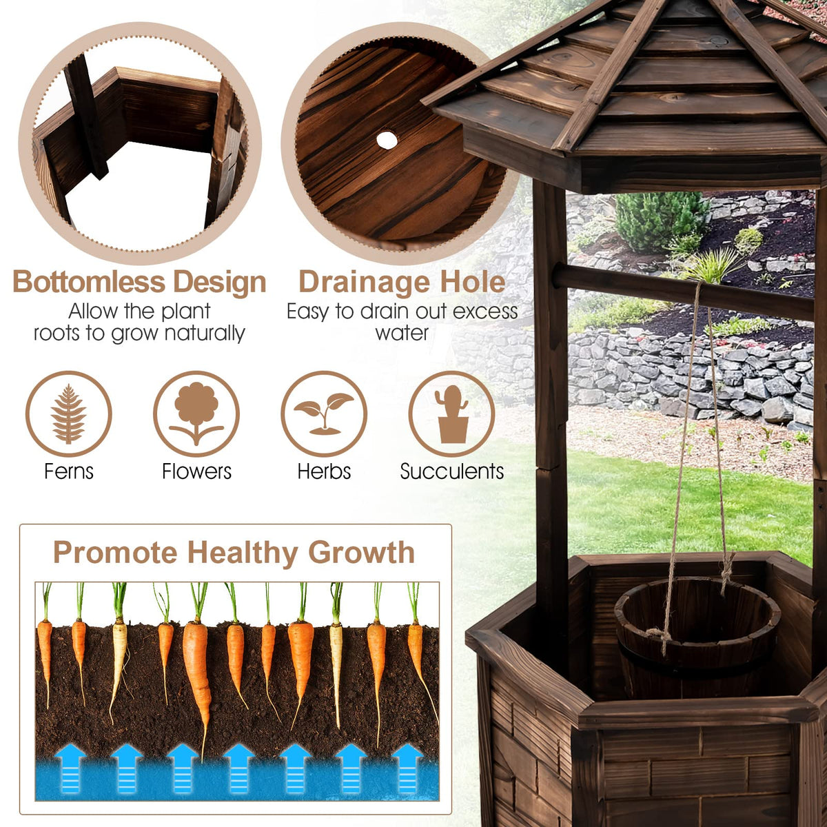 Lucktree Rustic Wooden Wishing Well Planter with Hanging Bucket, Roof Shadow