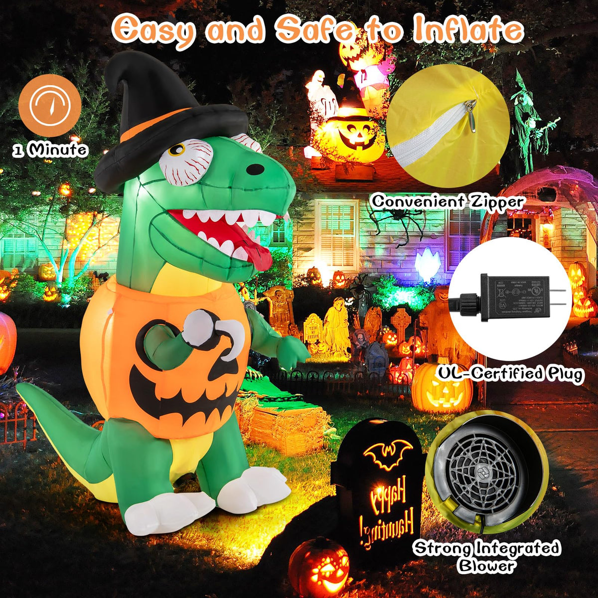 Lucktree 6 FT Inflatable Pumpkin Dinosaur, Blow up Yard Decoration with Built-in LED Lights & Witch Hat